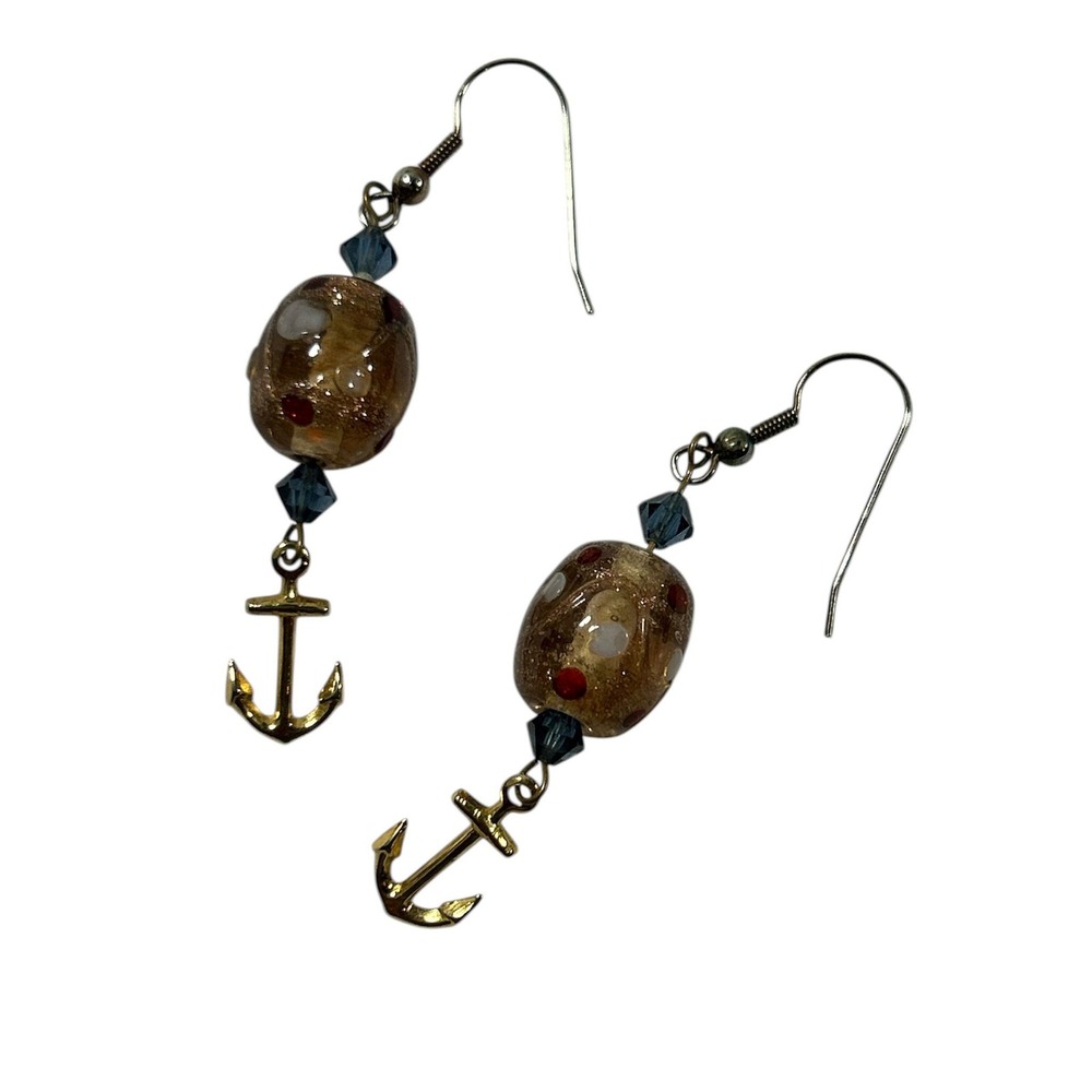 Nautical Anchor Drop Earrings Glass Lampwork Beads‎ Gold Tone Coastal Jewelry